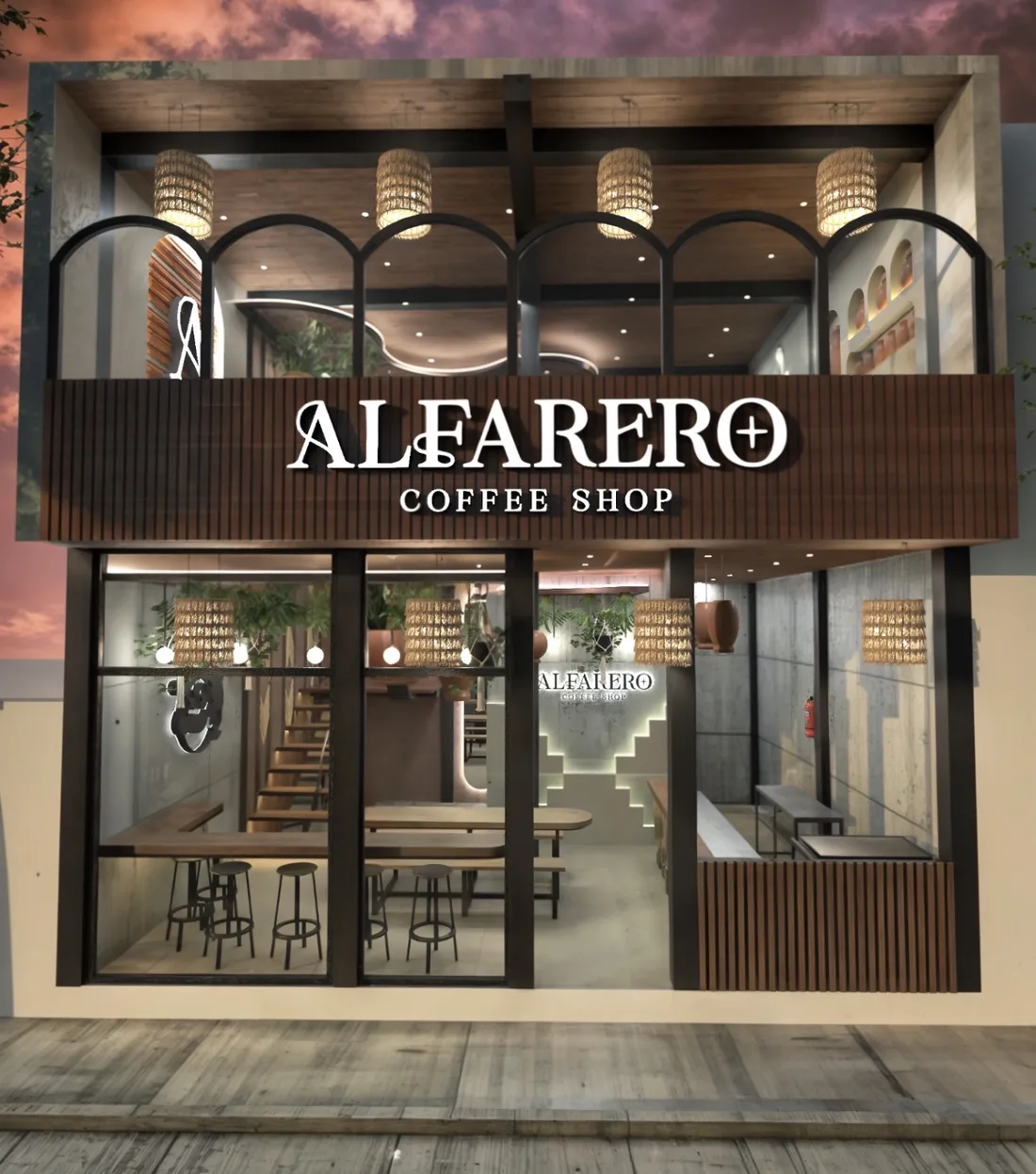 Fachada e interiorismo de Alfarero Coffee Shop diseñado por andezza