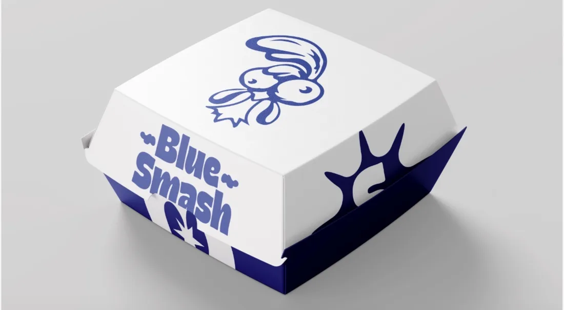 Empaque de Blue Smash, hamburguesería con identidad de marca de andezza