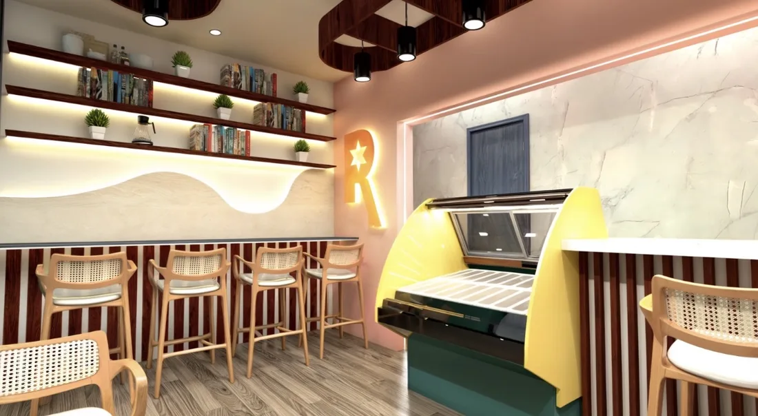 Interior de Mama Rube, heladería con diseño de local de andezza